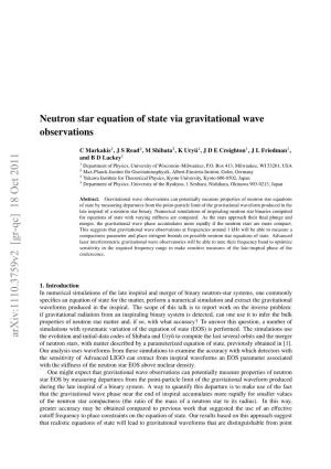 Neutron Star Equation of State Via Gravitational Wave Observations
