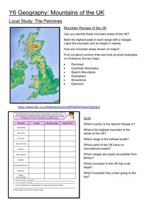 Y6 Geography: Mountains of the UK Local Study: the Pennines