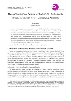 Plato As “Idealist” and Aristotle As “Realist” (?)—Reflecting the Idea and the Ousia in View of Comparative Philosophy