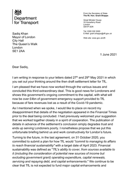 Letter from Secretary of State for Transport to Mayor of London