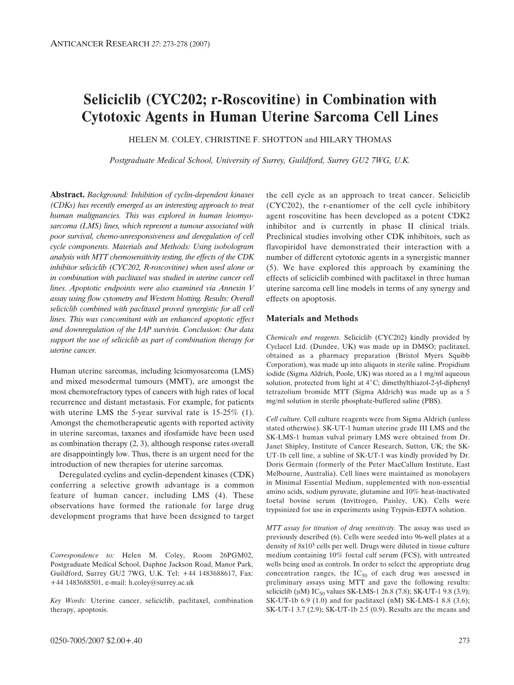 In Combination with Cytotoxic Agents in Human Uterine Sarcoma Cell Lines