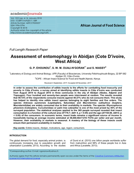 Assessment of Entomophagy in Abidjan (Cote D'ivoire, West Africa)