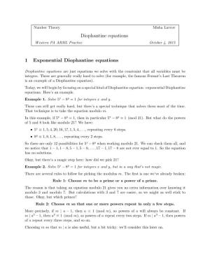 Diophantine Equations 1 Exponential Diophantine Equations