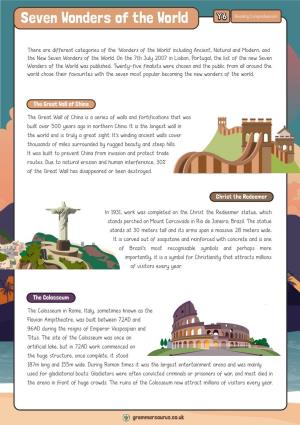 Seven Wonders of the World Reading Comprehension