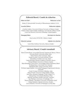 Editorial Board / Comité De Rédaction Advisory Board / Comité Consultatif