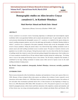 Demographic Studies on Alien Invasive Conyza Canadensis L. in Kashmir Himalaya