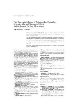 2008 – New Data on Distribution of Anthocoridae, Cimicidae