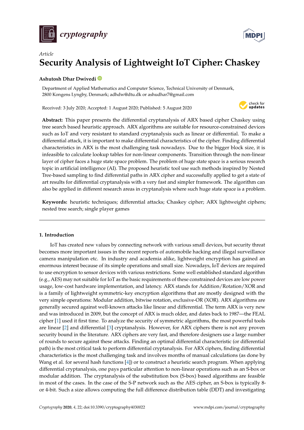 Security Analysis of Lightweight Iot Cipher: Chaskey