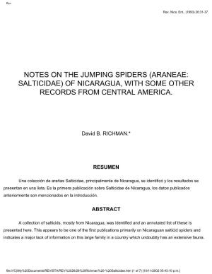 Notes on the Jumping Spiders (Araneae: Salticidae) of Nicaragua, with Some Other Records from Central America