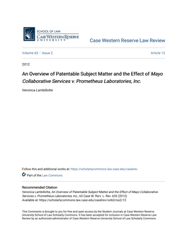 An Overview of Patentable Subject Matter and the Effect of Mayo Collaborative Services V