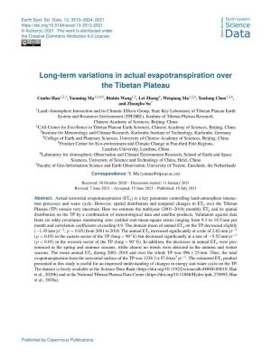 Long-Term Variations in Actual Evapotranspiration Over the Tibetan Plateau