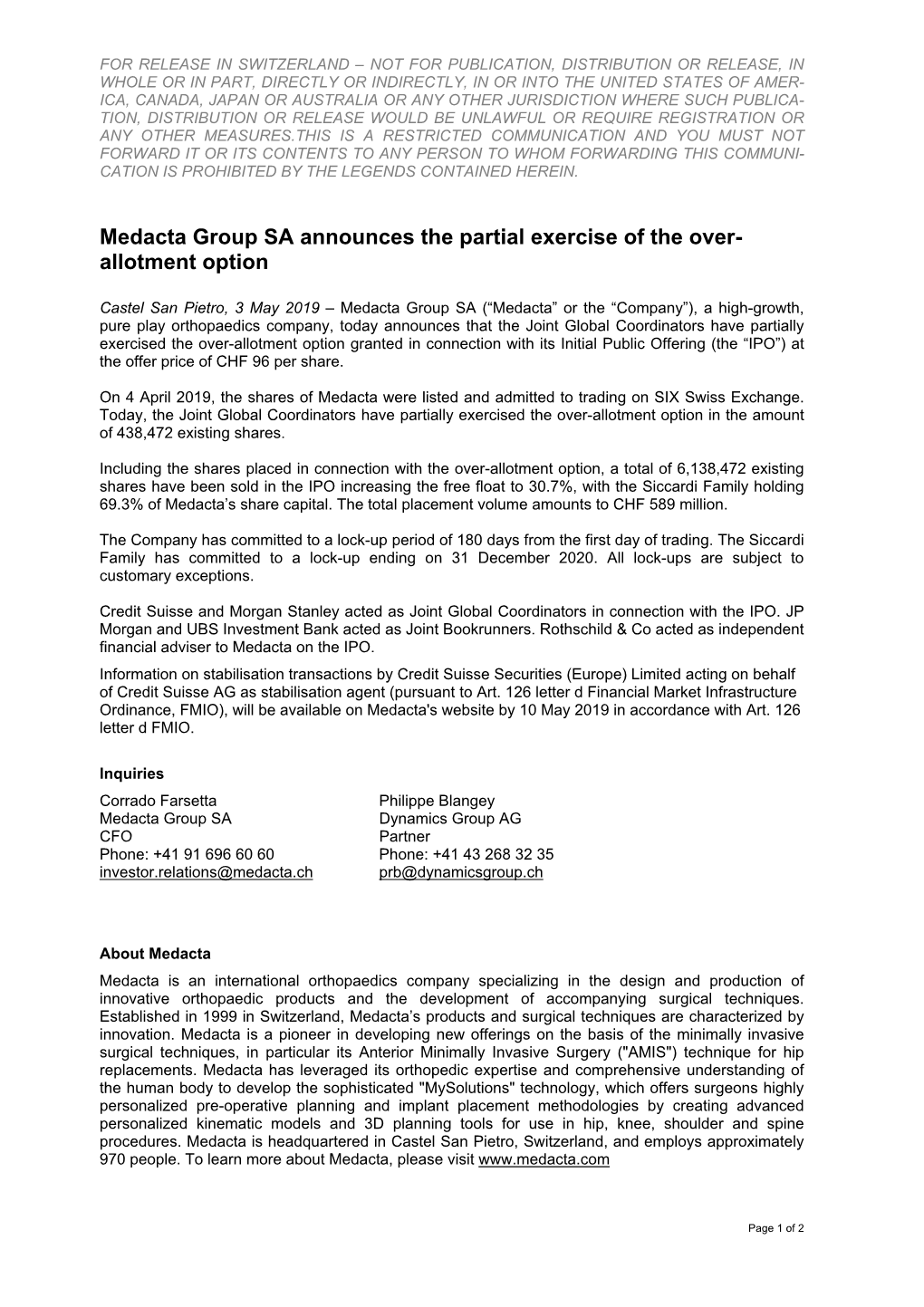 Medacta Group SA Announces the Partial Exercise of the Over- Allotment Option