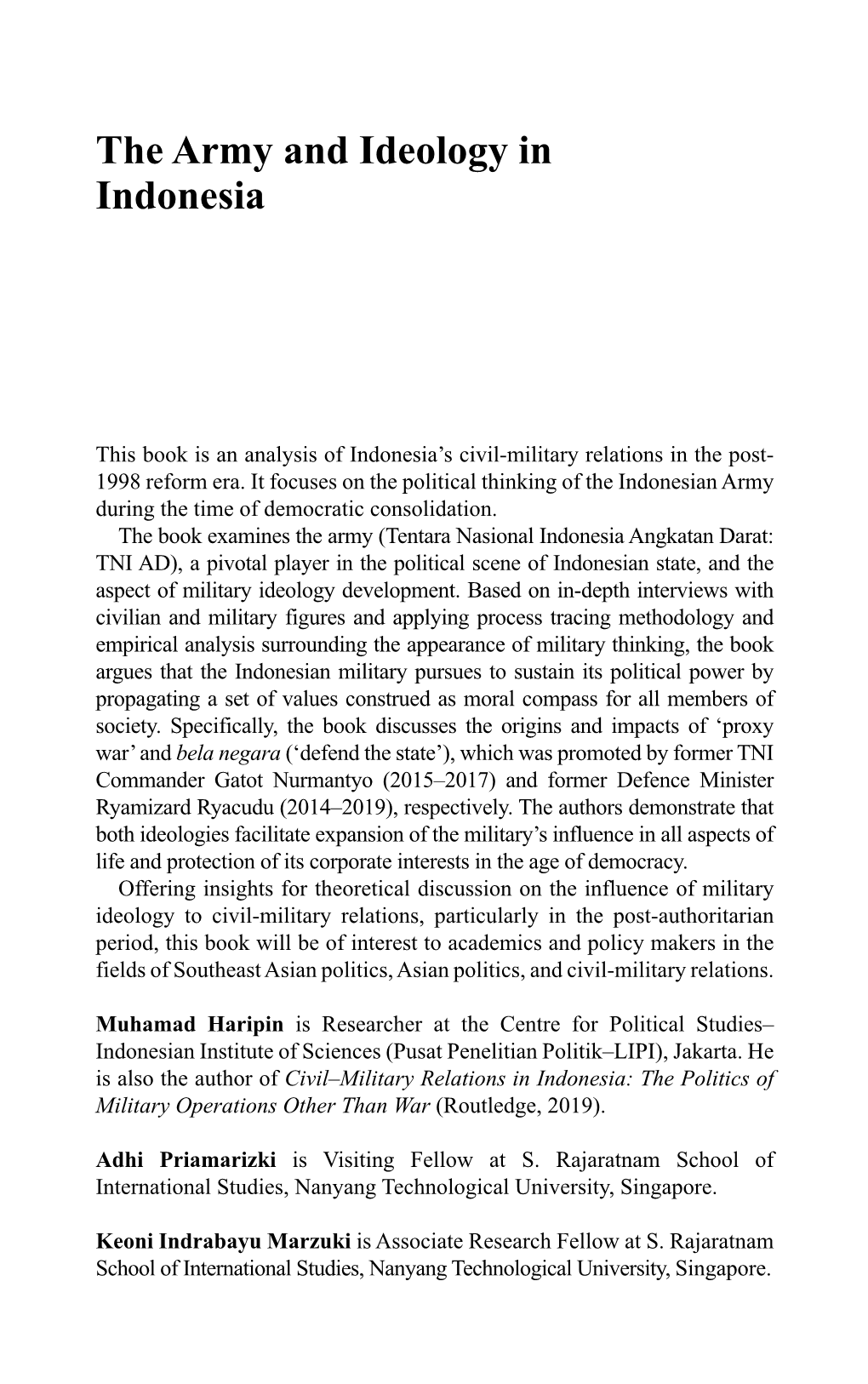 The Army and Ideology in Indonesia; from Dwifungsi to Bela Negara