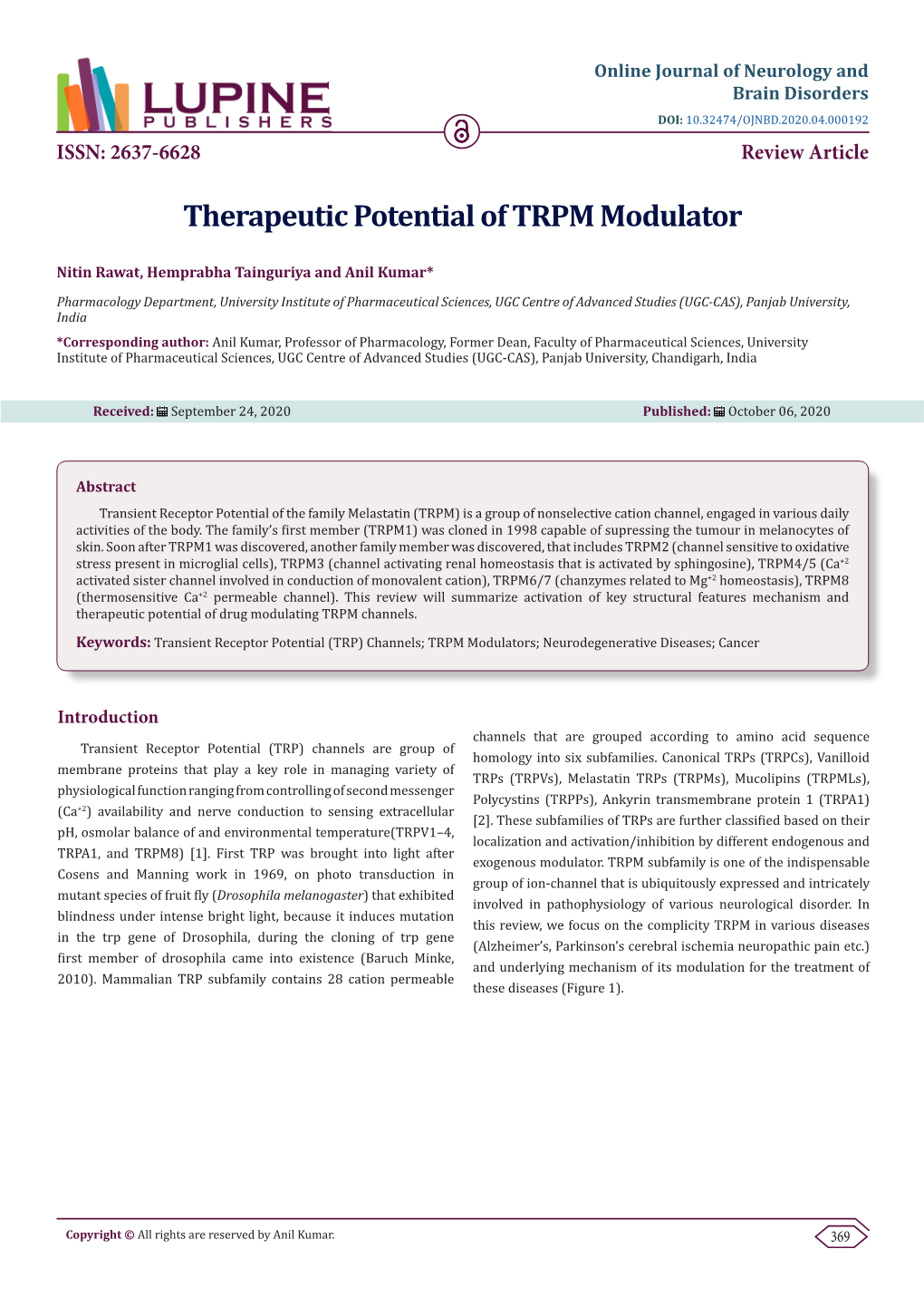 Therapeutic Potential of TRPM Modulator