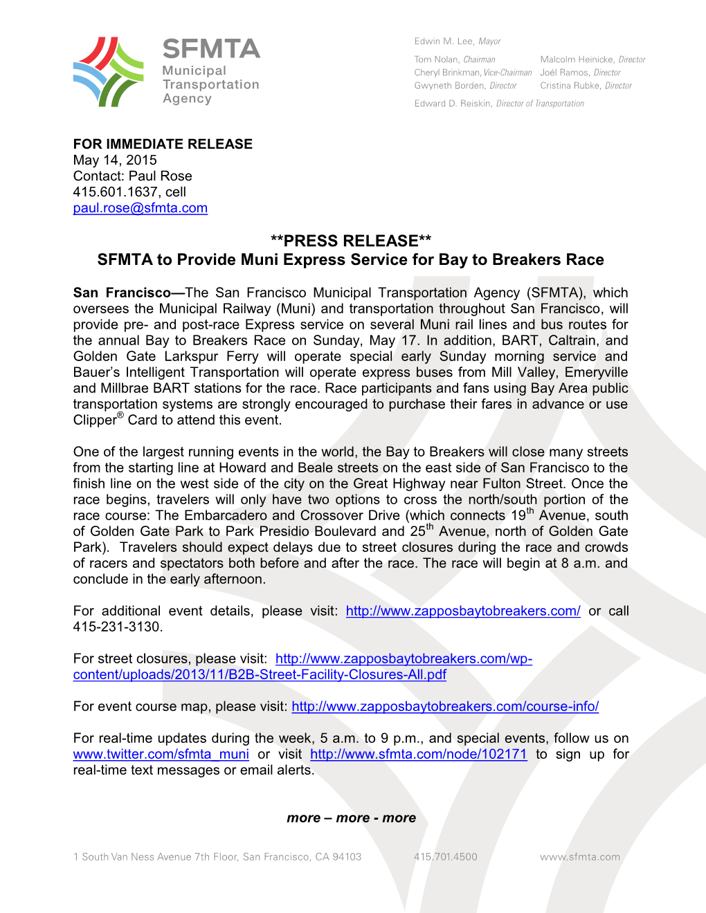 Press Release--SFMTA to Provide Muni Express Service for Bay To