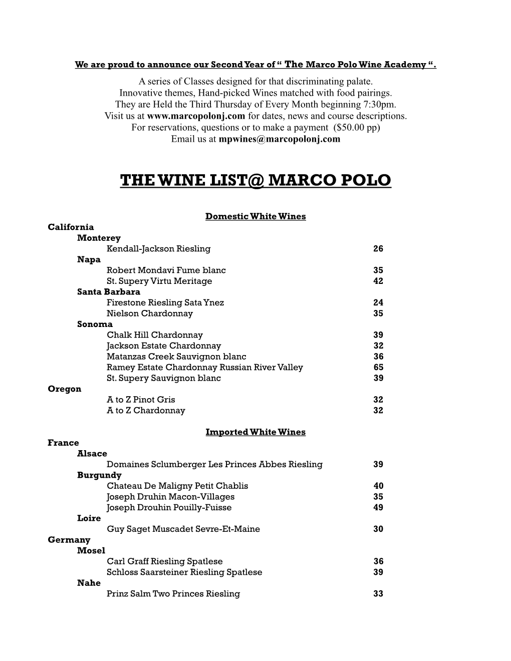 Beverages & Wine List