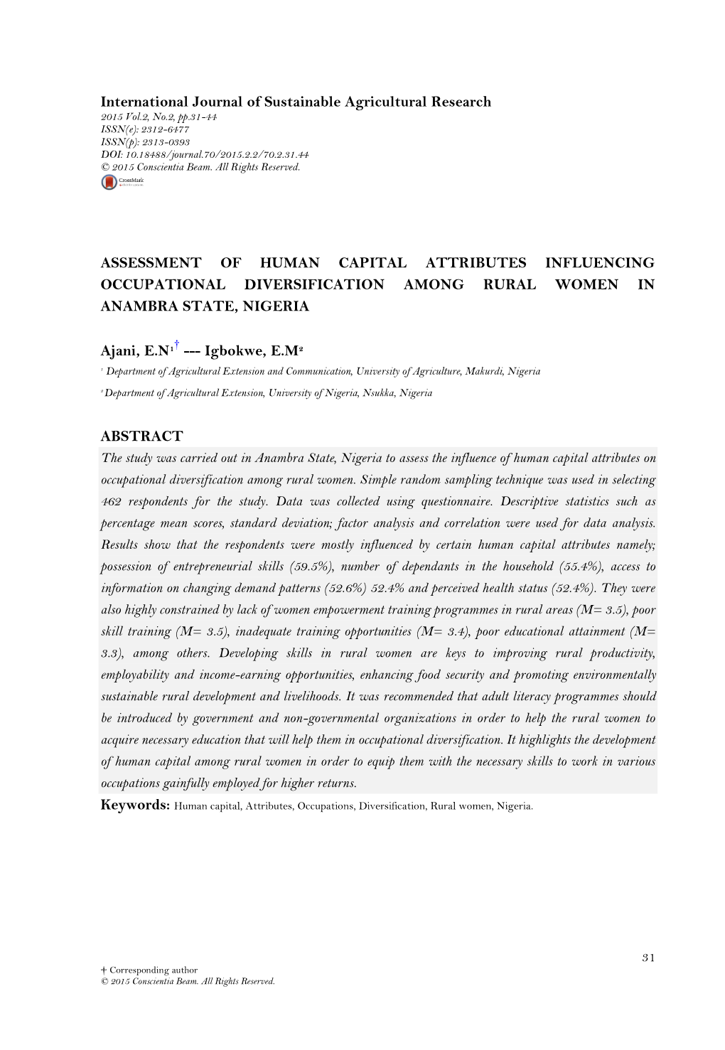 Assessment of Human Capital Attributes Influencing Occupational Diversification Among Rural Women in Anambra State, Nigeria