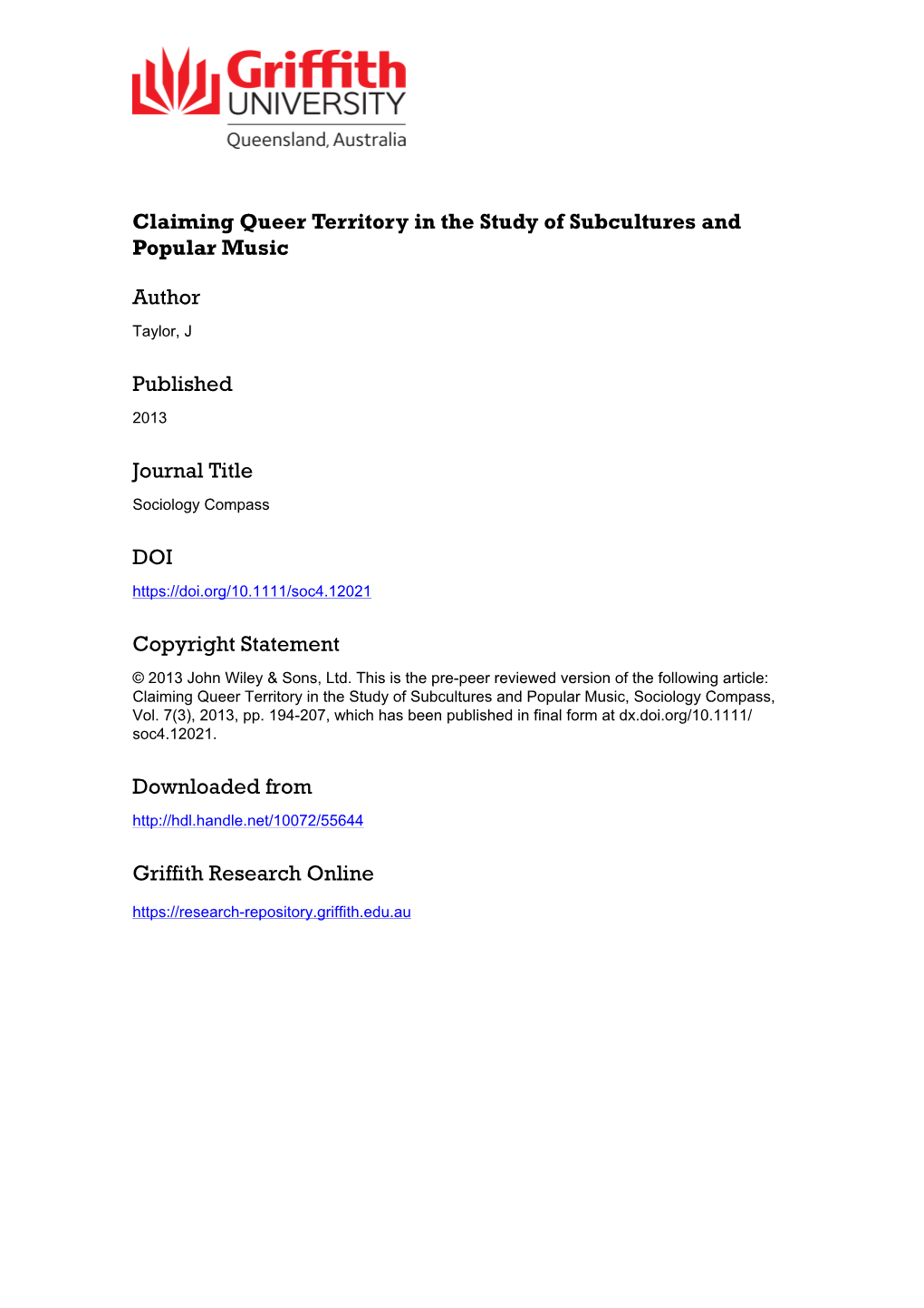 Claiming Queer Territory in the Study of Subcultures and Popular Music