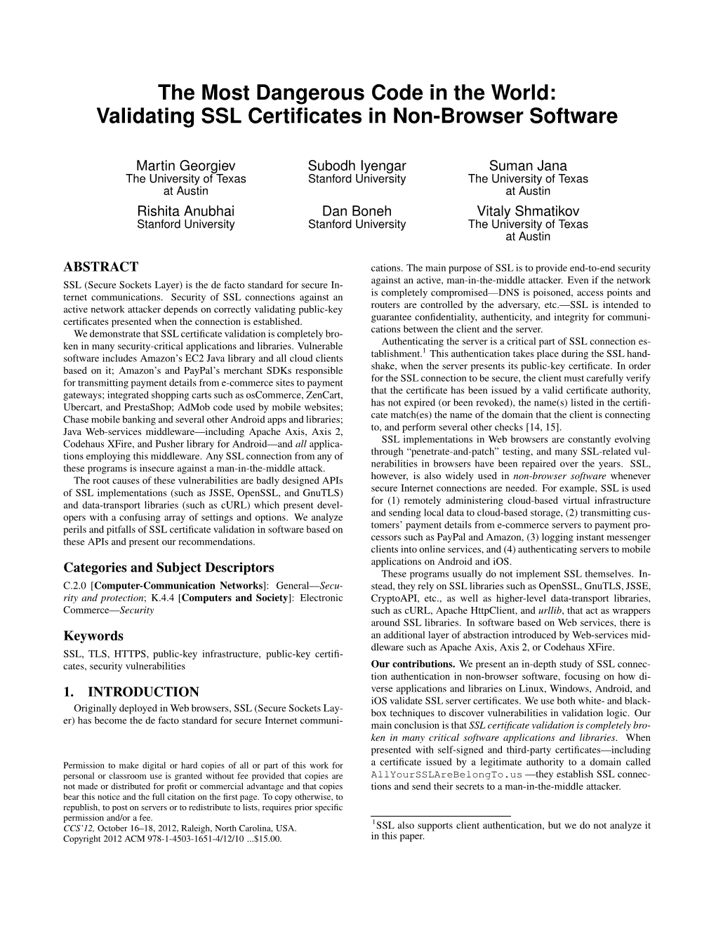The Most Dangerous Code in the World: Validating SSL Certificates In