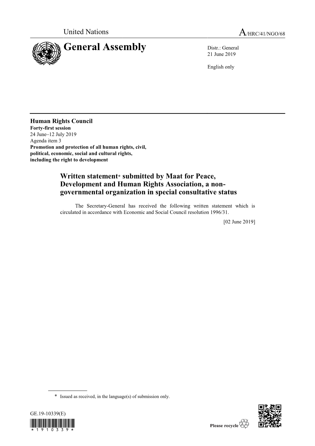 Page 1 GE.19-10339(E) Human Rights Council Forty-First Session