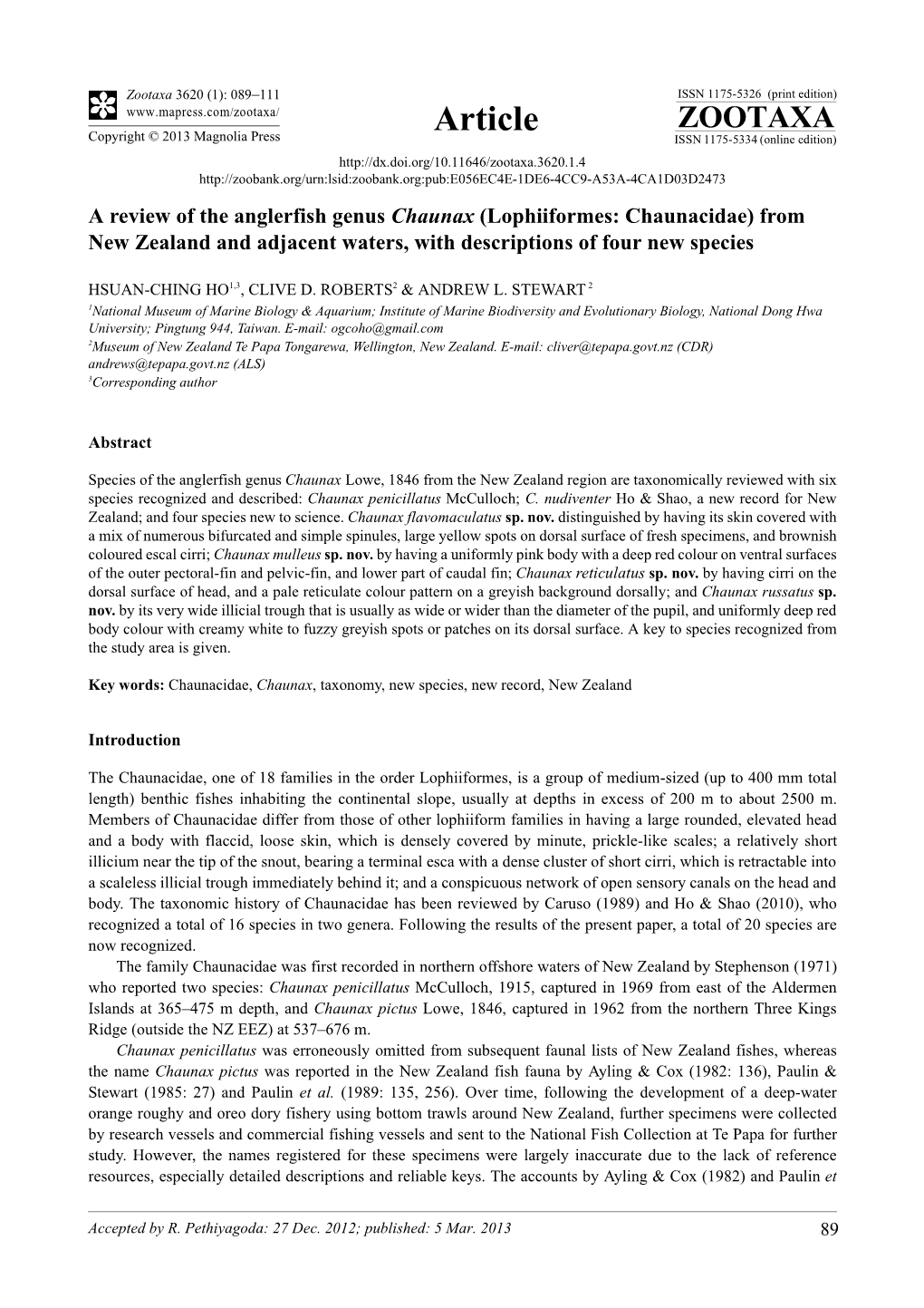 A Review of the Anglerfish Genus Chaunax (Lophiiformes: Chaunacidae) from New Zealand and Adjacent Waters, with Descriptions of Four New Species