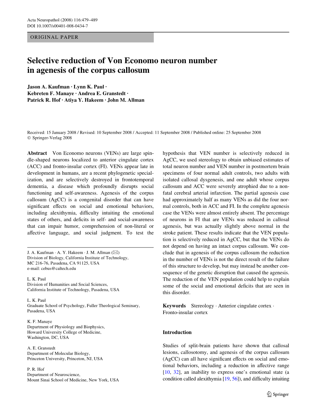 Selective Reduction of Von Economo Neuron Number in Agenesis of the Corpus Callosum