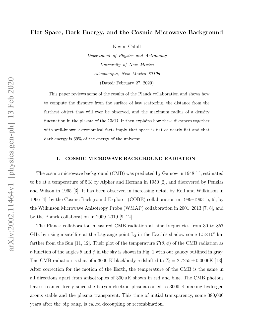 Arxiv:2002.11464V1 [Physics.Gen-Ph] 13 Feb 2020 a Function of the Angles Θ and Φ in the Sky Is Shown in Fig