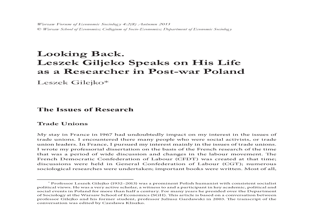 Looking Back: Leszek Gilejko Speaks on His Lifeas a Researcher in Post