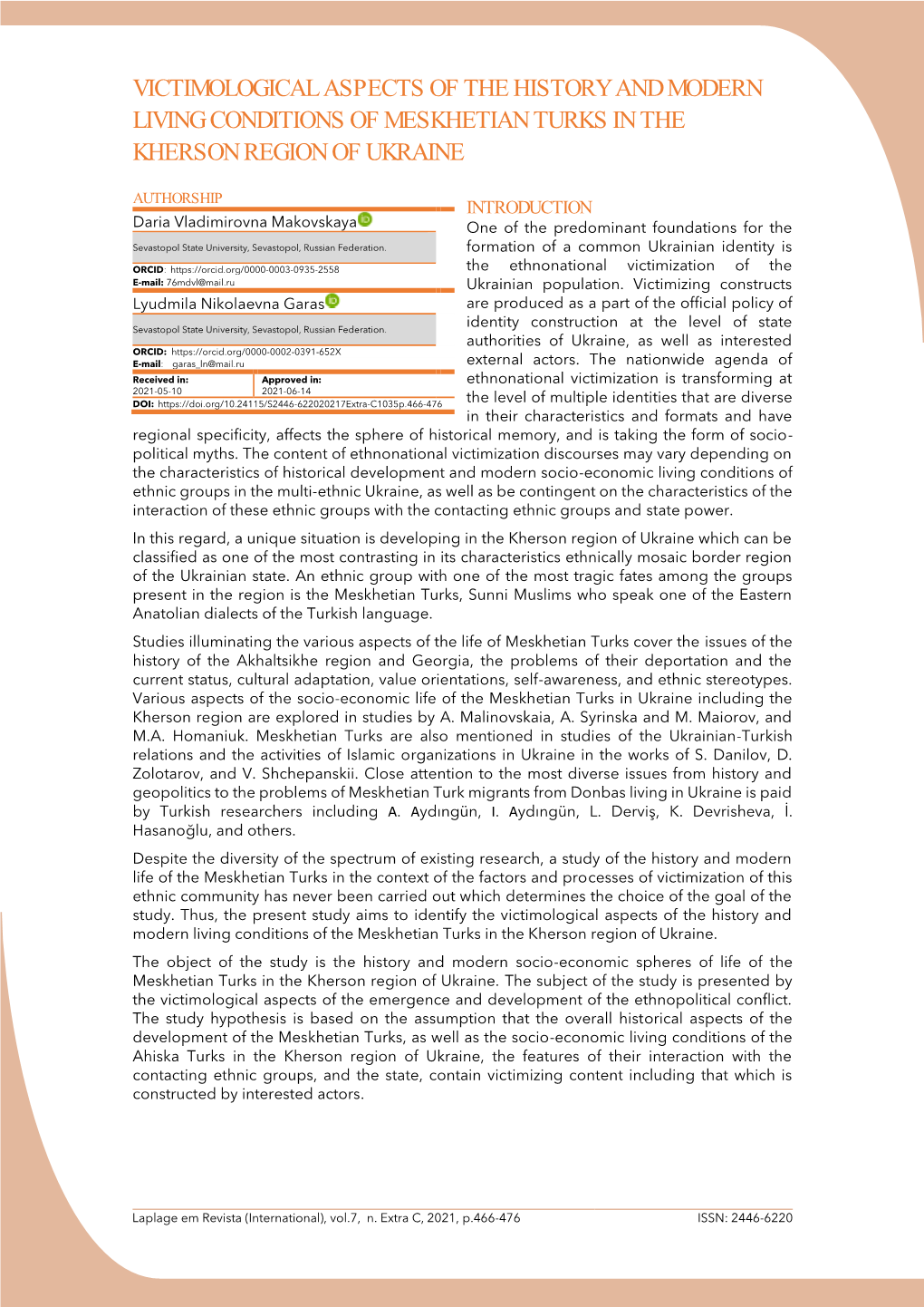 Victimological Aspects of the History and Modern Living Conditions of Meskhetian Turks in the Kherson Region of Ukraine