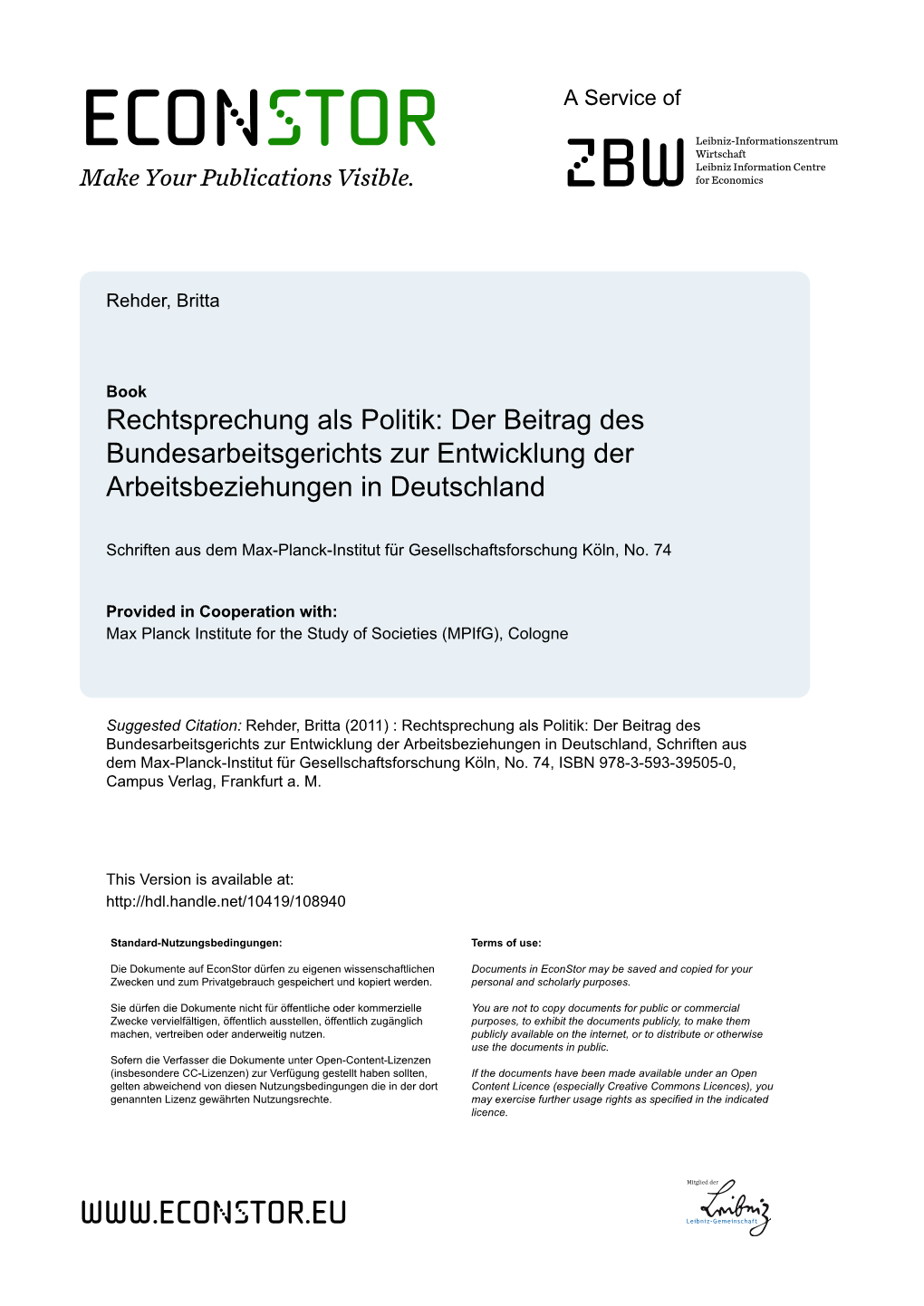 Rechtsprechung Als Politik: Der Beitrag Des Bundesarbeitsgerichts Zur Entwicklung Der Arbeitsbeziehungen in Deutschland