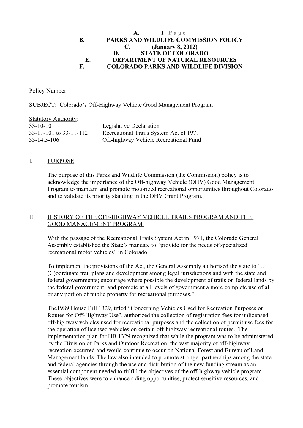 Commission Policy - OHV Good Management Program (2012 March Commission Approval)