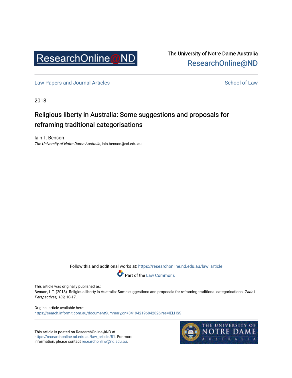 Religious Liberty in Australia: Some Suggestions and Proposals for Reframing Traditional Categorisations