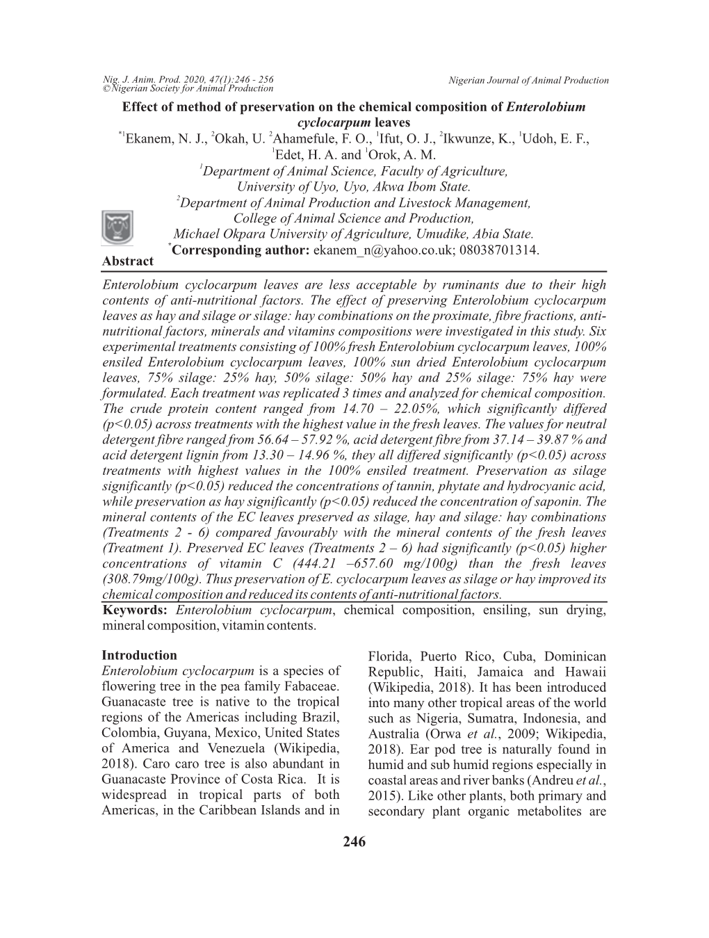 Effect of Method of Preservation on the Chemical Composition of Enterolobium Cyclocarpum Leaves *1Ekanem, N