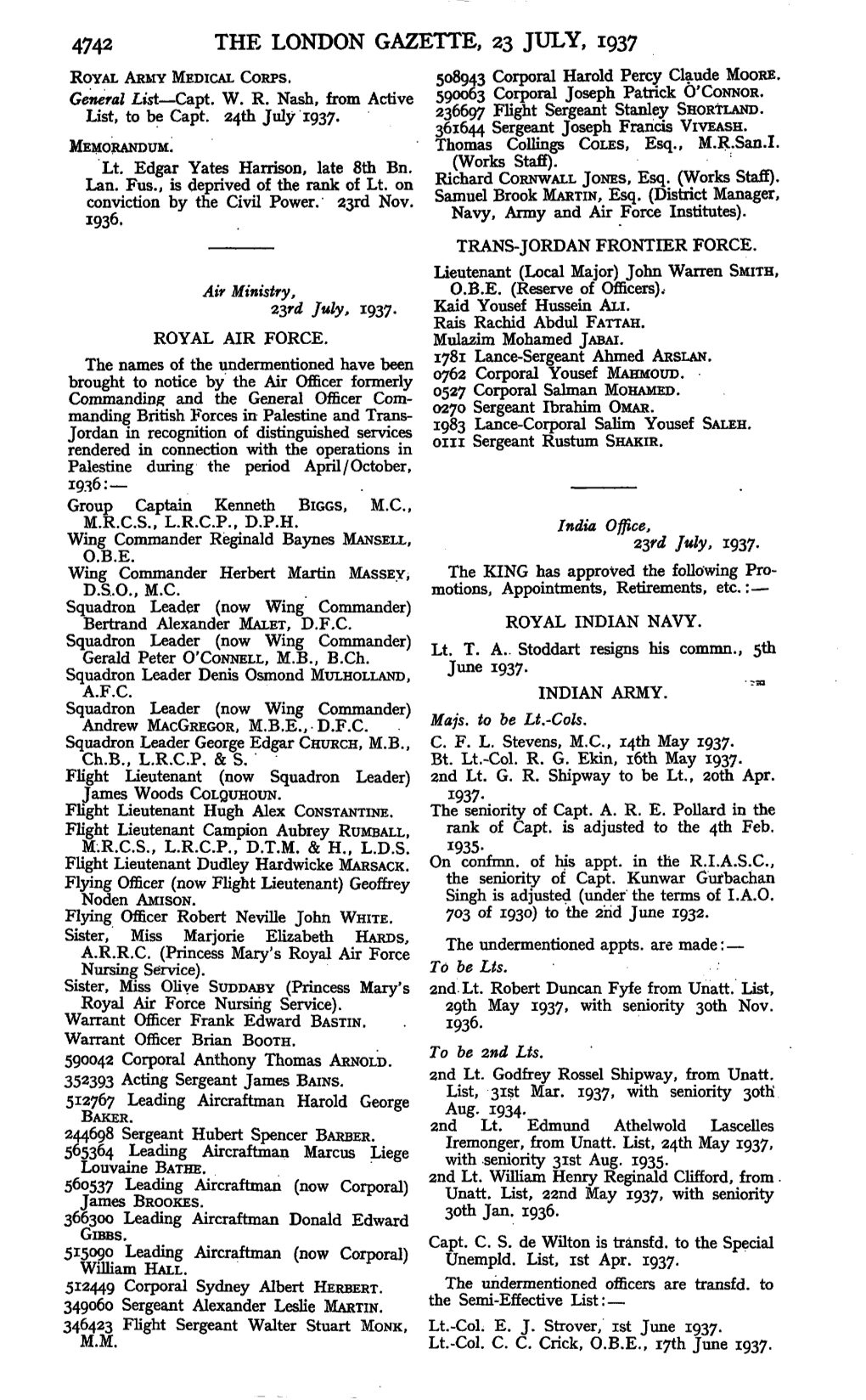 4742 the London Gazette, 23 July, 1937 Royal Army Medical Corps