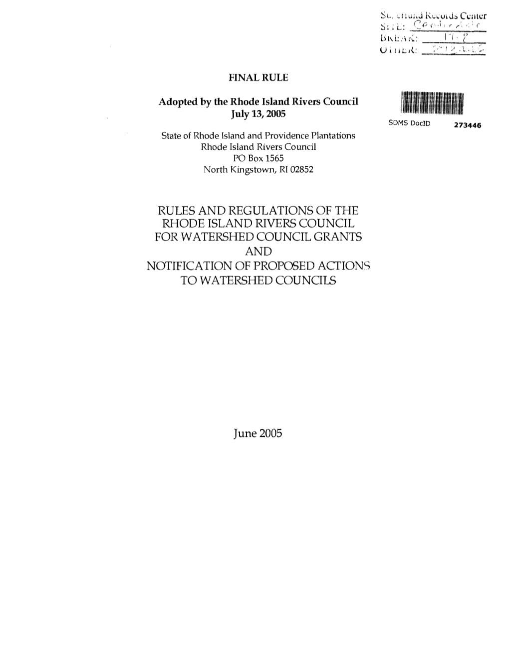 ' <• ' >'•'(' FINAL RULE Adopted by the Rhode Island Rivers Council July