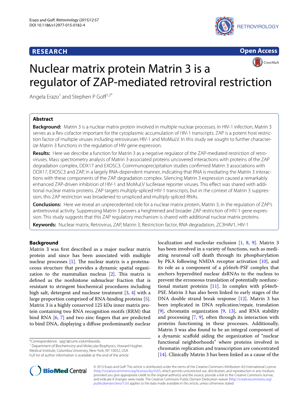 Nuclear Matrix Protein Matrin 3 Is a Regulator of ZAP-Mediated Retroviral