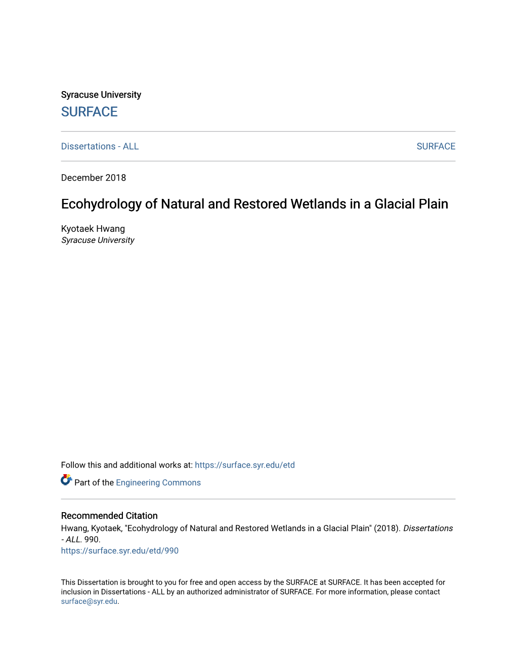 Ecohydrology of Natural and Restored Wetlands in a Glacial Plain