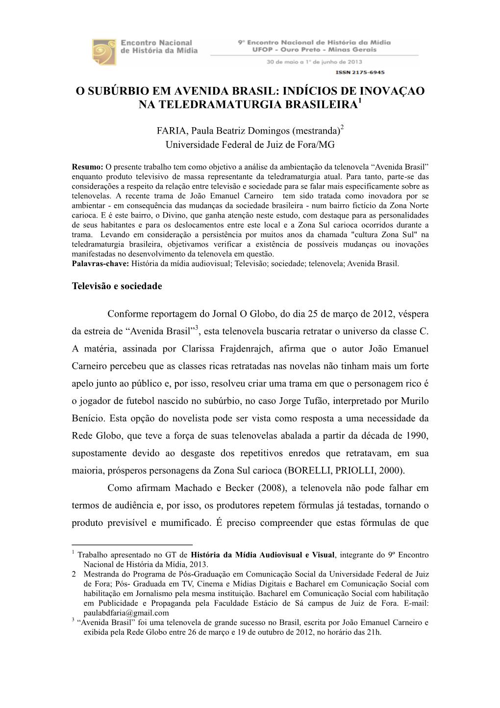 O Subúrbio Em Avenida Brasil: Indícios De Inovaçao Na Teledramaturgia Brasileira1