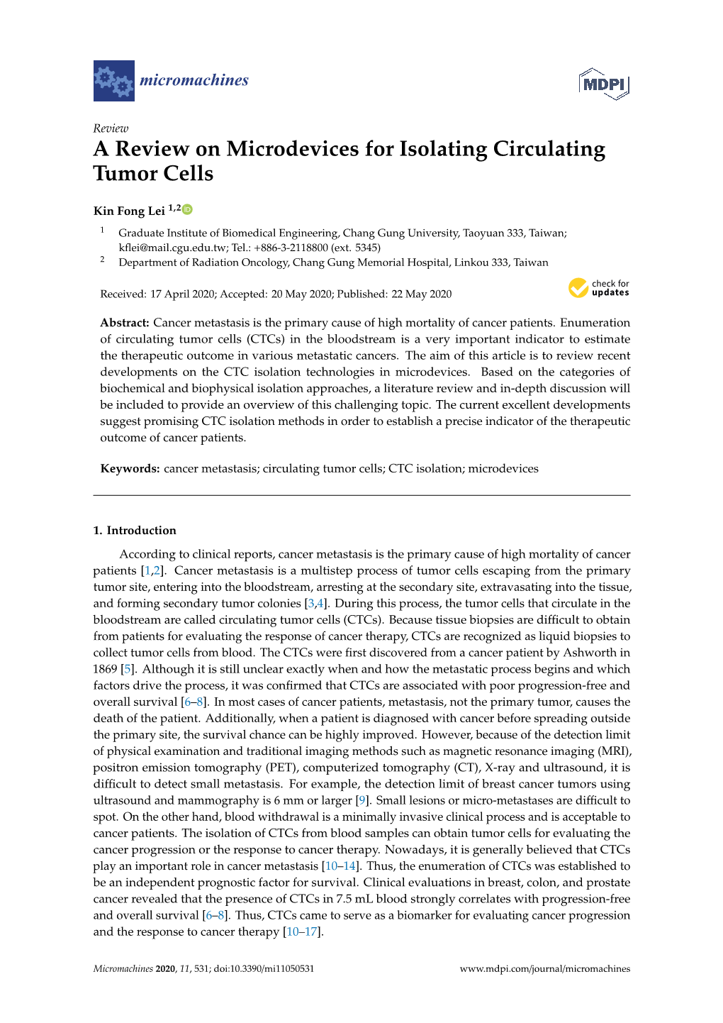 A Review on Microdevices for Isolating Circulating Tumor Cells