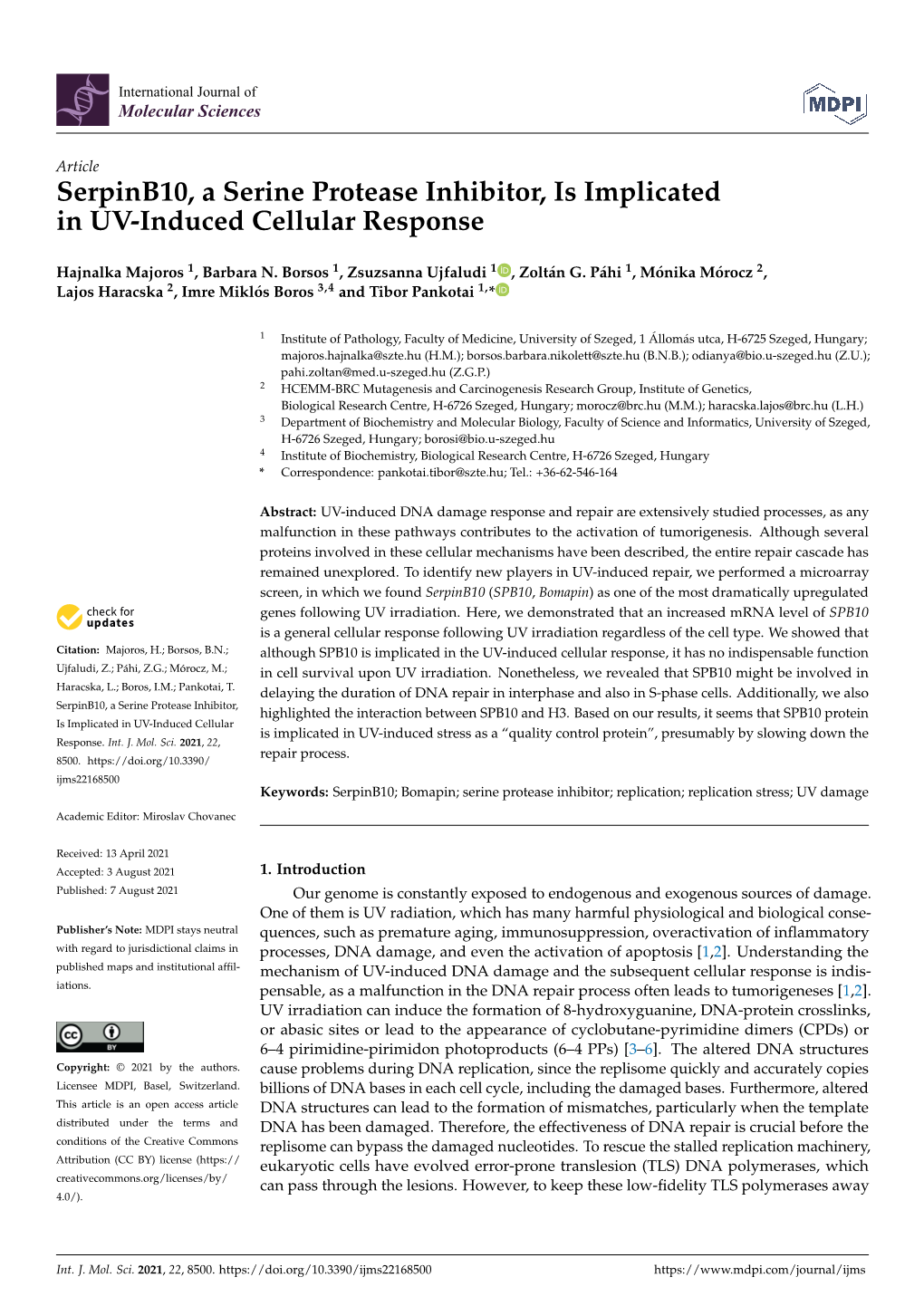 Serpinb10, a Serine Protease Inhibitor, Is Implicated in UV-Induced Cellular Response