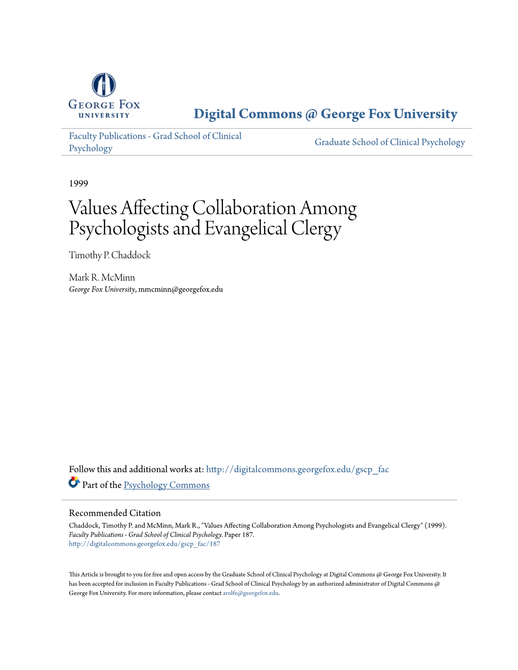 Values Affecting Collaboration Among Psychologists and Evangelical Clergy Timothy P