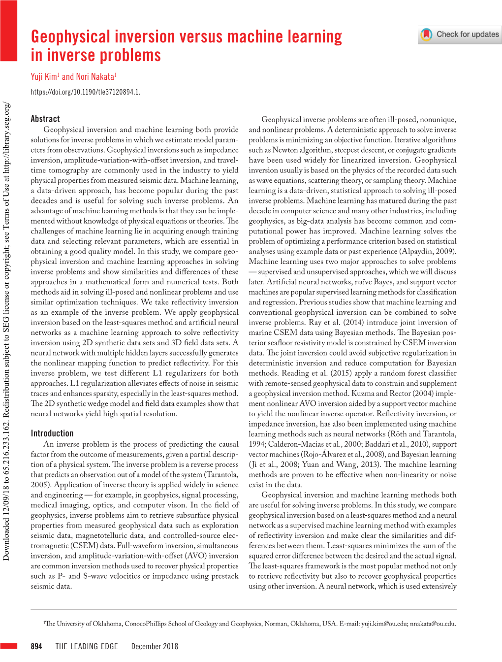 Geophysical Inversion Versus Machine Learning in Inverse Problems Yuji Kim1 and Nori Nakata1