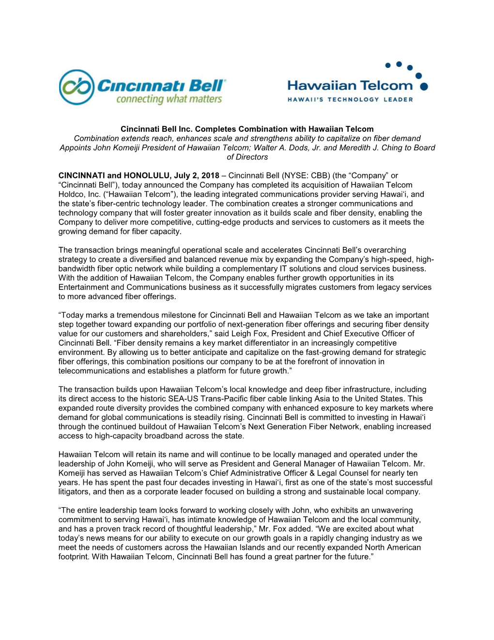 Cincinnati Bell Inc. Completes Combination with Hawaiian Telcom