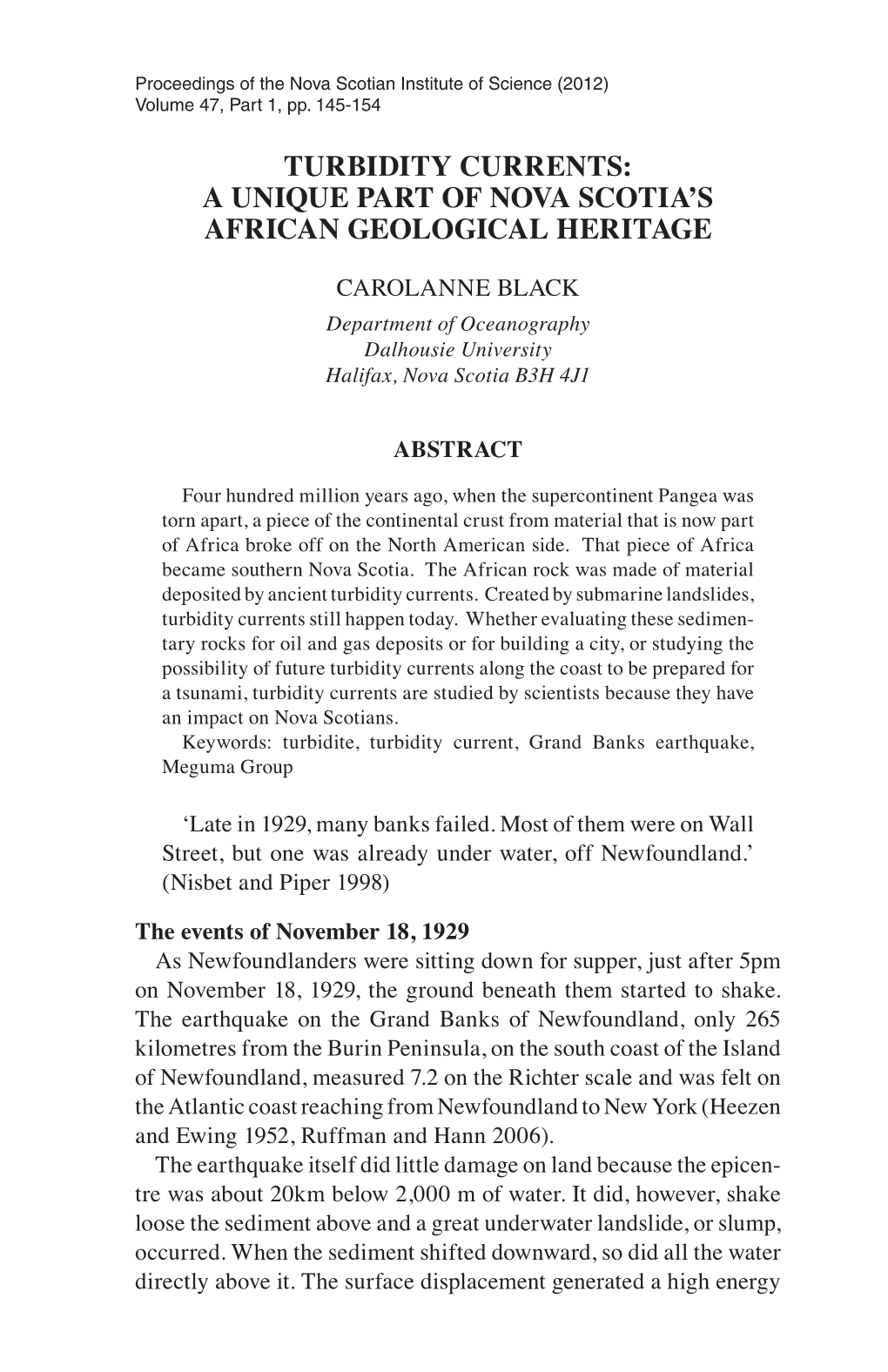 Turbidity Currents: a Unique Part of Nova Scotia’S African Geological Heritage
