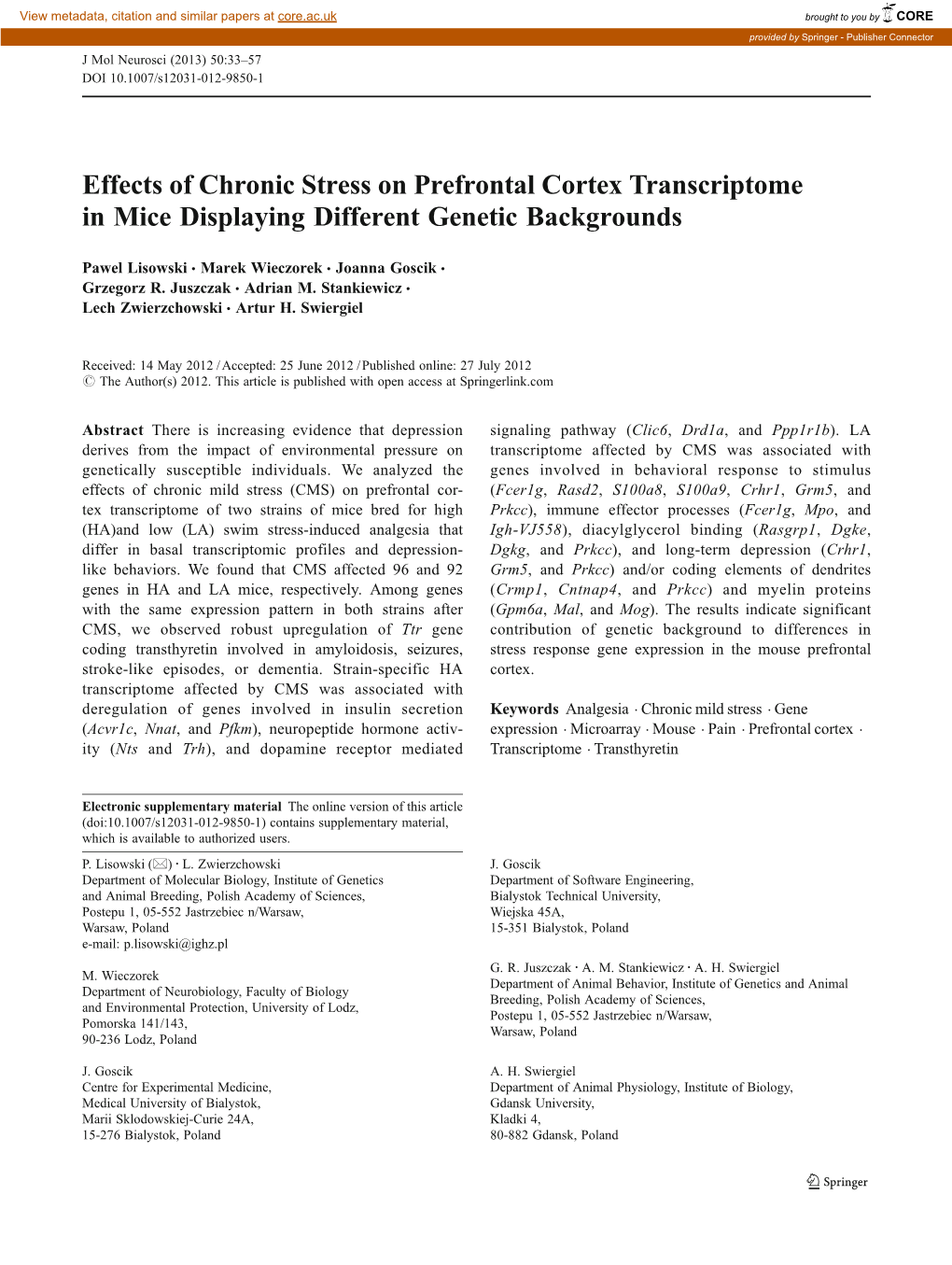 Effects of Chronic Stress on Prefrontal Cortex Transcriptome in Mice Displaying Different Genetic Backgrounds