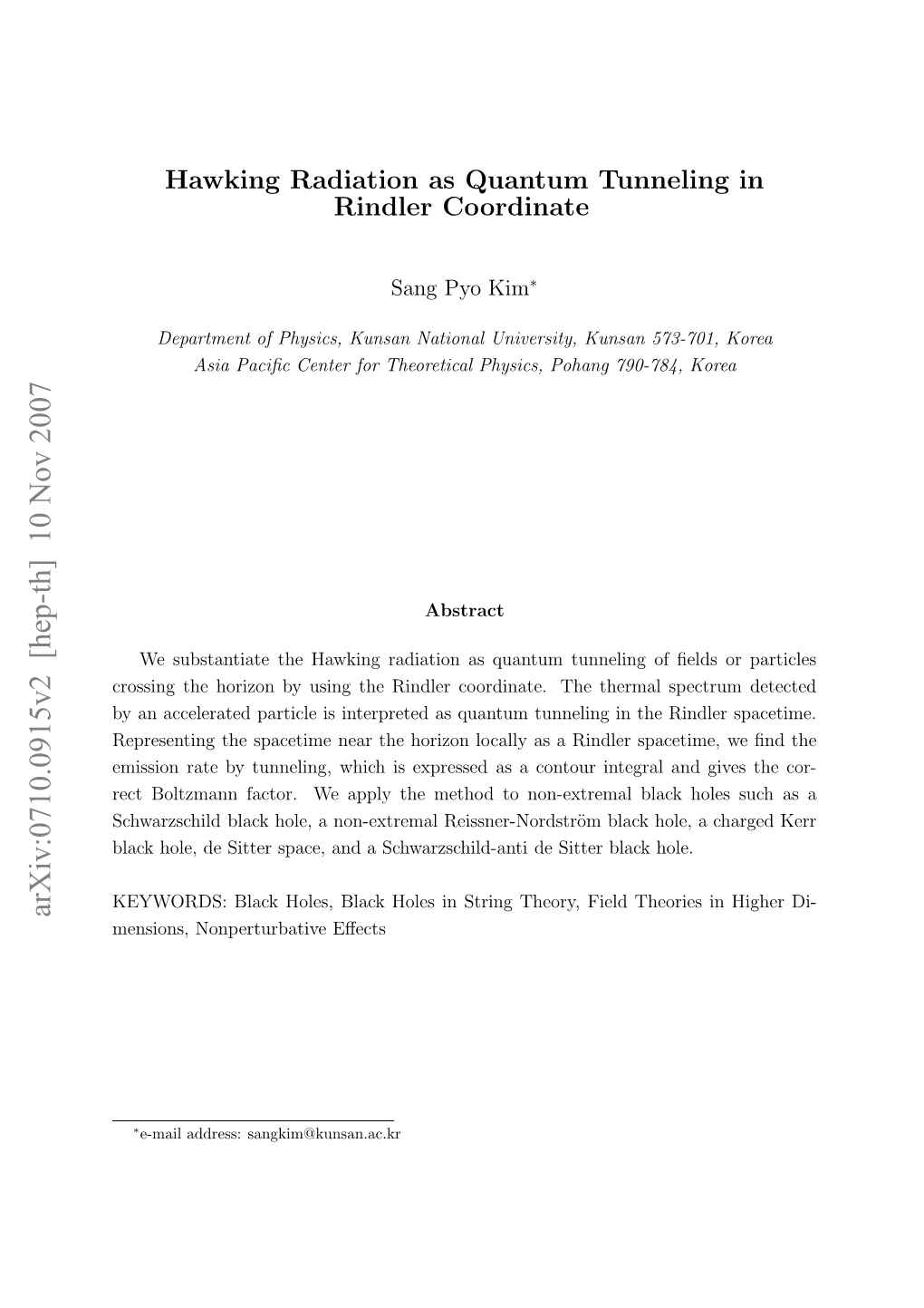 Hawking Radiation As Quantum Tunneling in Rindler Coordinate