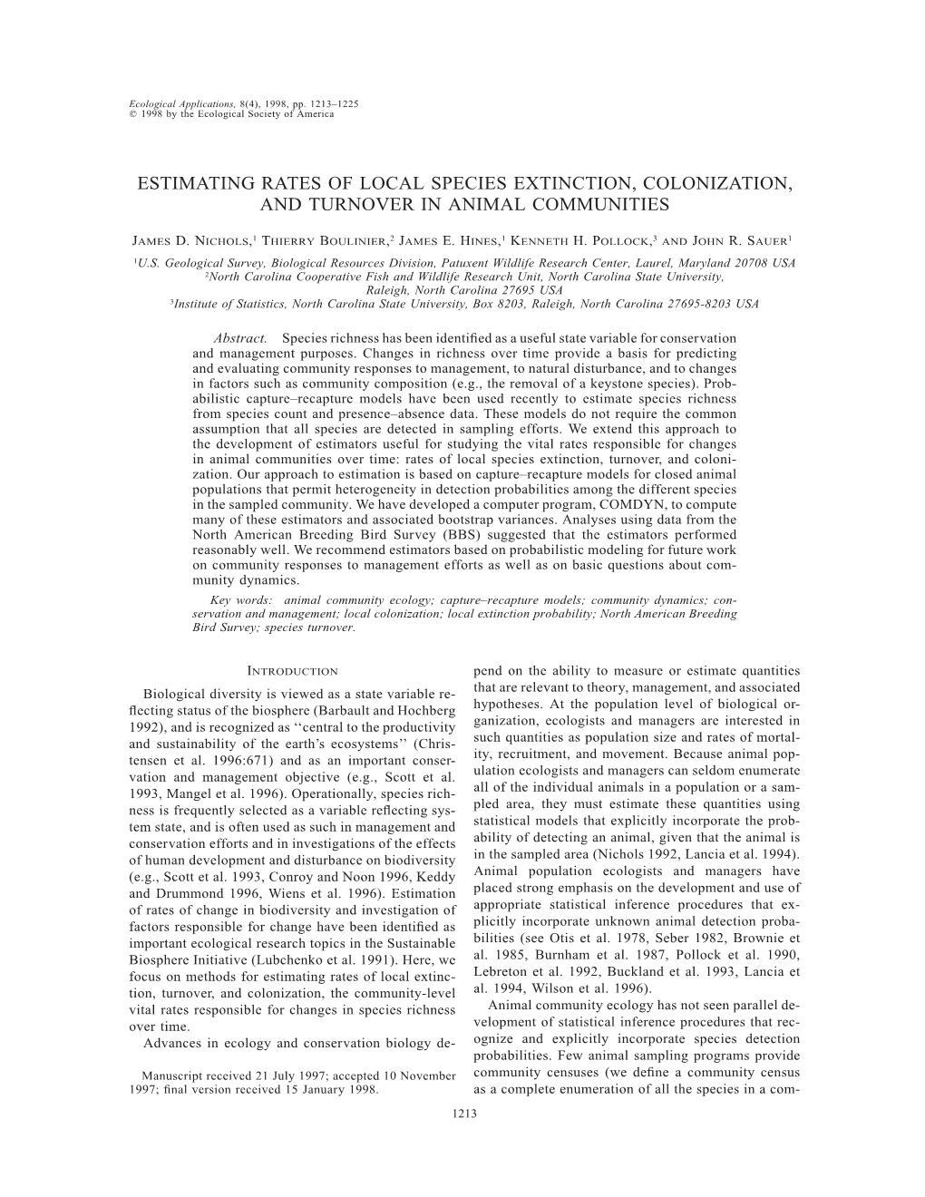 Estimating Rates of Local Species Extinction, Colonization, and Turnover in Animal Communities