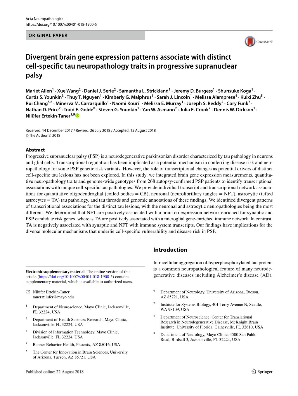 Divergent Brain Gene Expression Patterns Associate with Distinct Cell‑Specifc Tau Neuropathology Traits in Progressive Supranuclear Palsy