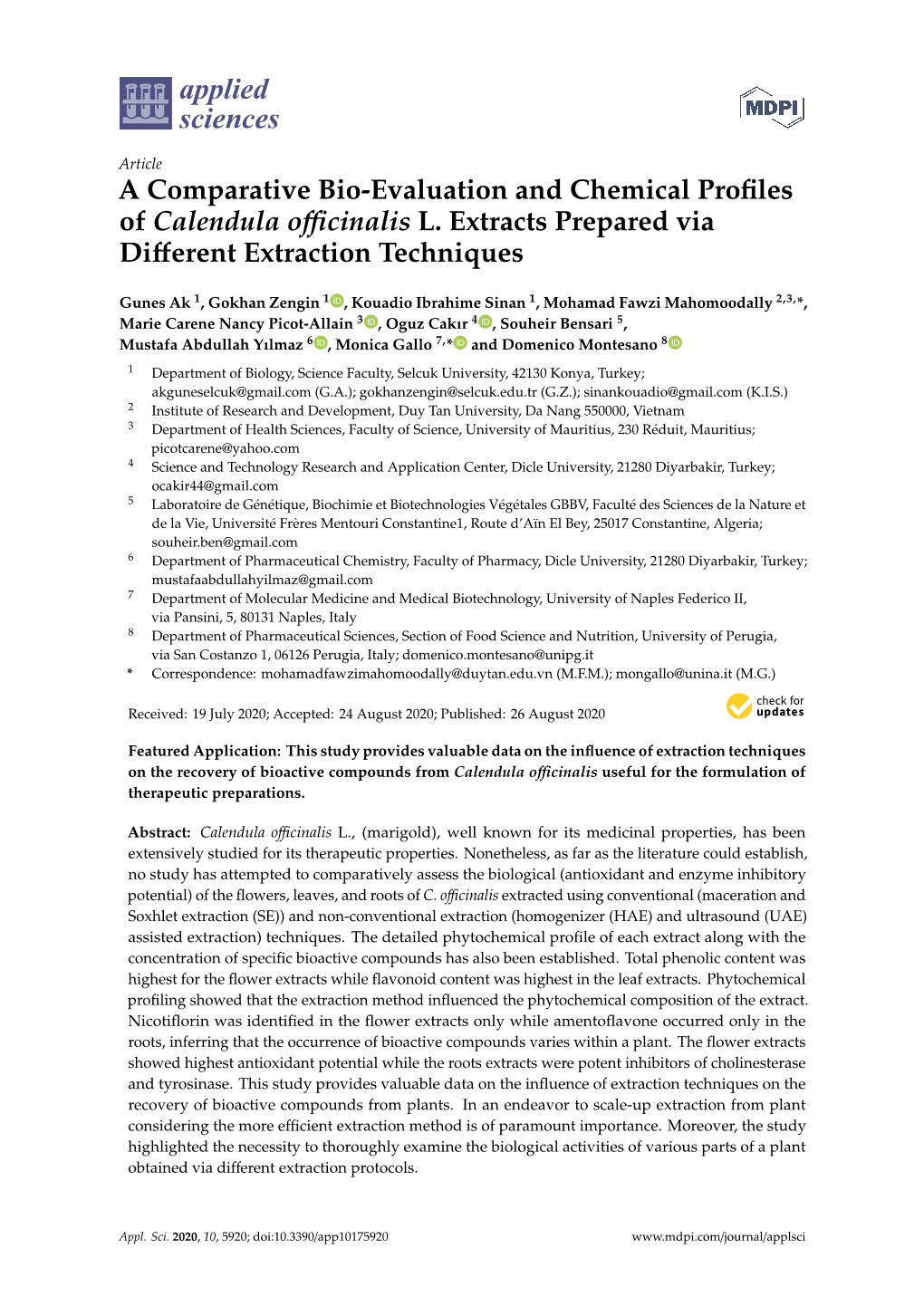 A Comparative Bio-Evaluation and Chemical Profiles of Calendula