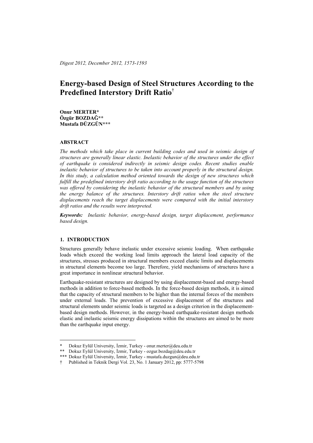 Energy-Based Design of Steel Structures According to the Predefined Interstory Drift Ratio†1